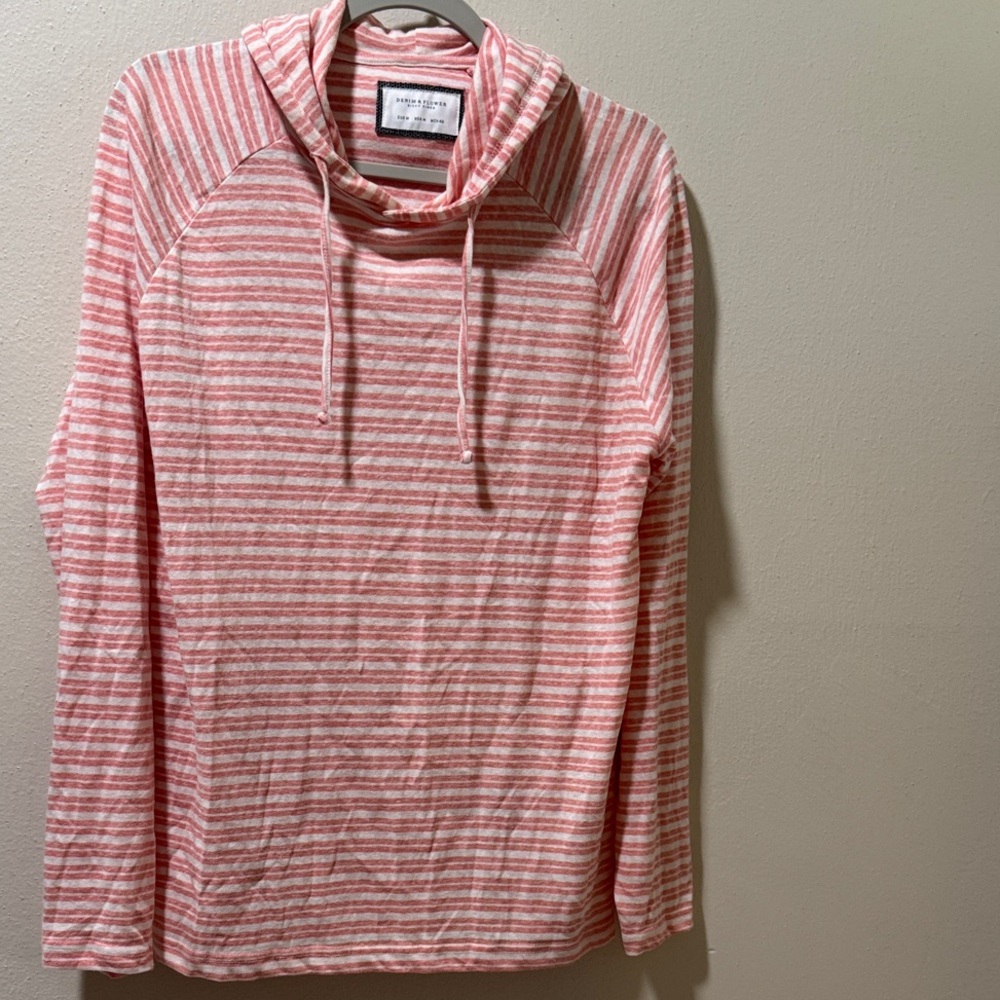 Denim & Flower Coral and White Striped Hooded Top